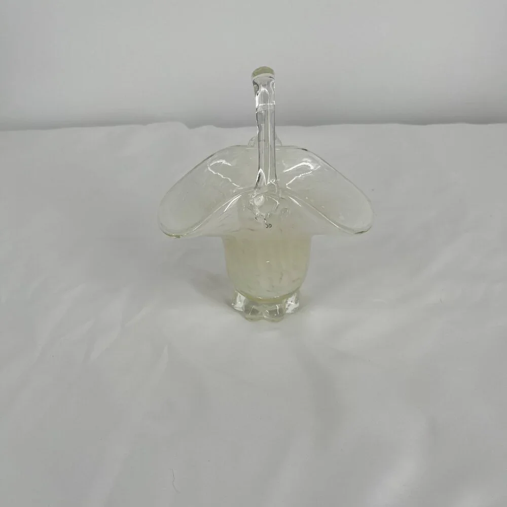 Vintage Clear Glass White‎ Confetti Hand Blown  Basket with Handle